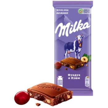 Шоколад молочный Milka с фундуком и изюмом, 90 г